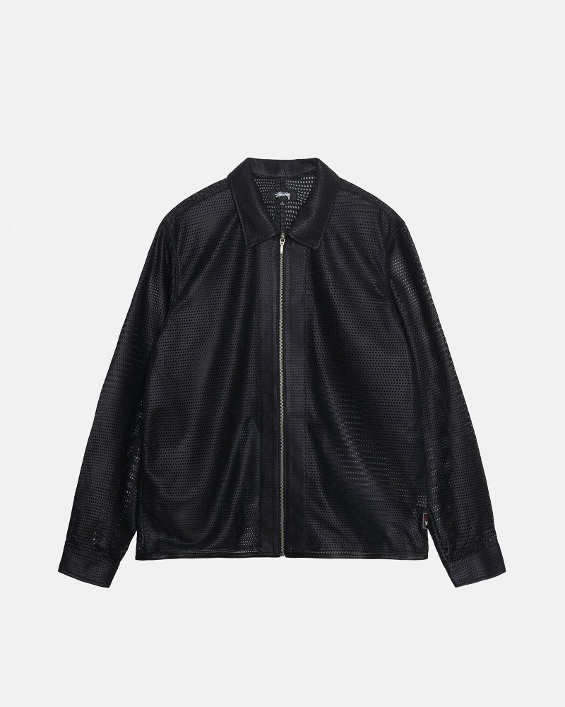 STÜSSY ZIP SHIRT PERFORATED LEATHER BLACK LONGSLEEVE