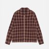 STÜSSY ZIP SHIRT TWISTED YARN PLAID BROWN LONGSLEEVE