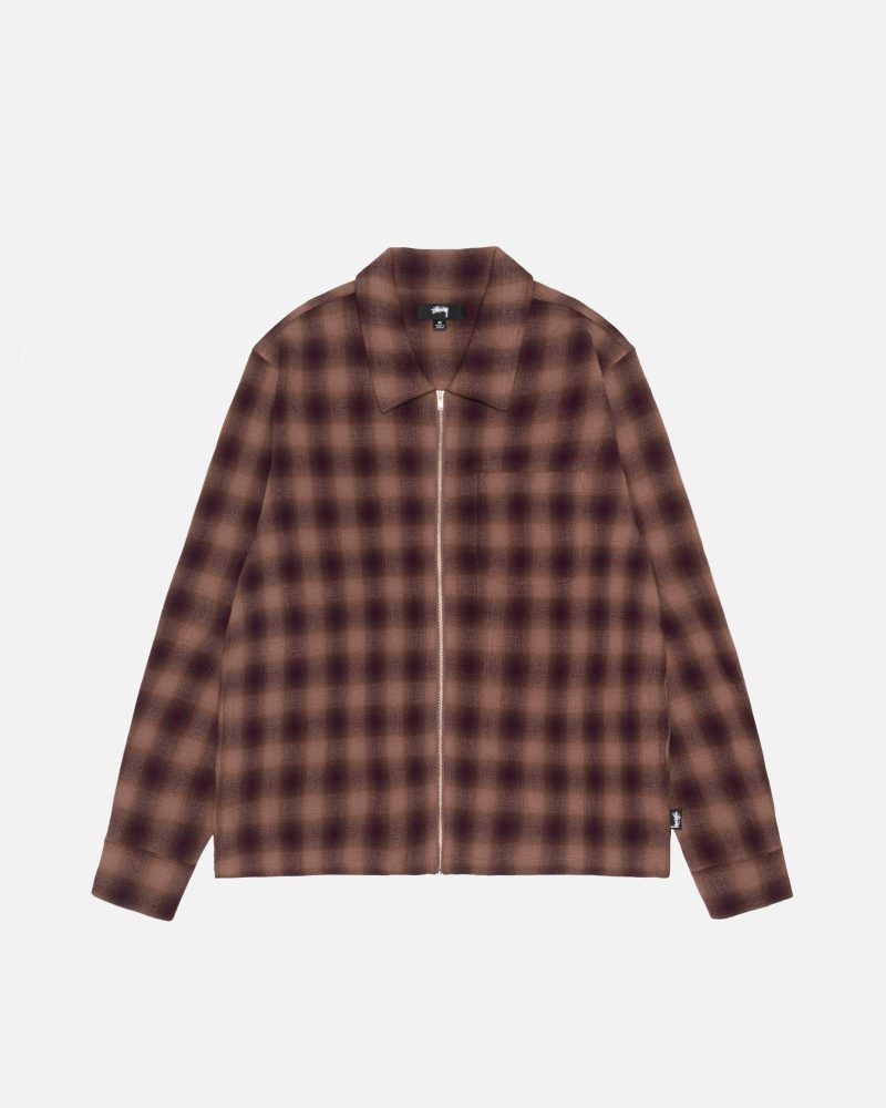 STÜSSY ZIP SHIRT TWISTED YARN PLAID BROWN LONGSLEEVE