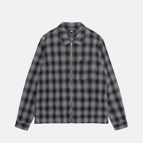 STÜSSY ZIP SHIRT TWISTED YARN PLAID CHARCOAL LONGSLEEVE