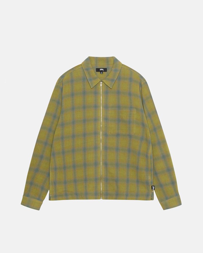 STÜSSY ZIP SHIRT TWISTED YARN PLAID GREEN LONGSLEEVE