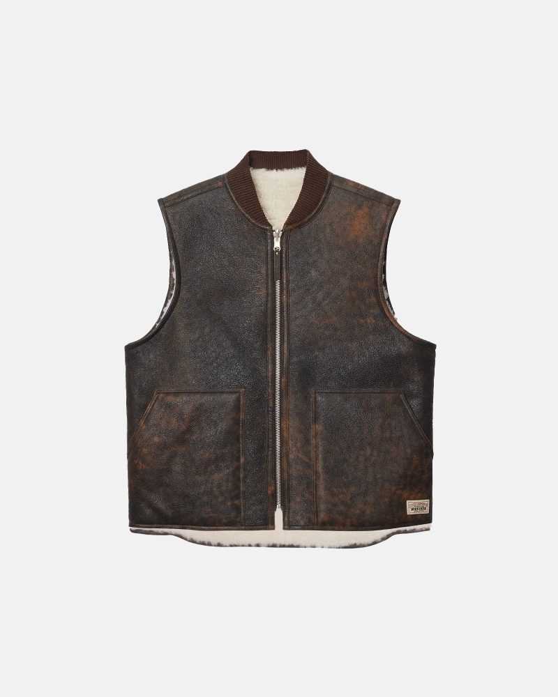 STÜSSY REVERSIBLE SHEARLING WORKGEAR VEST BROWN OUTERWEAR